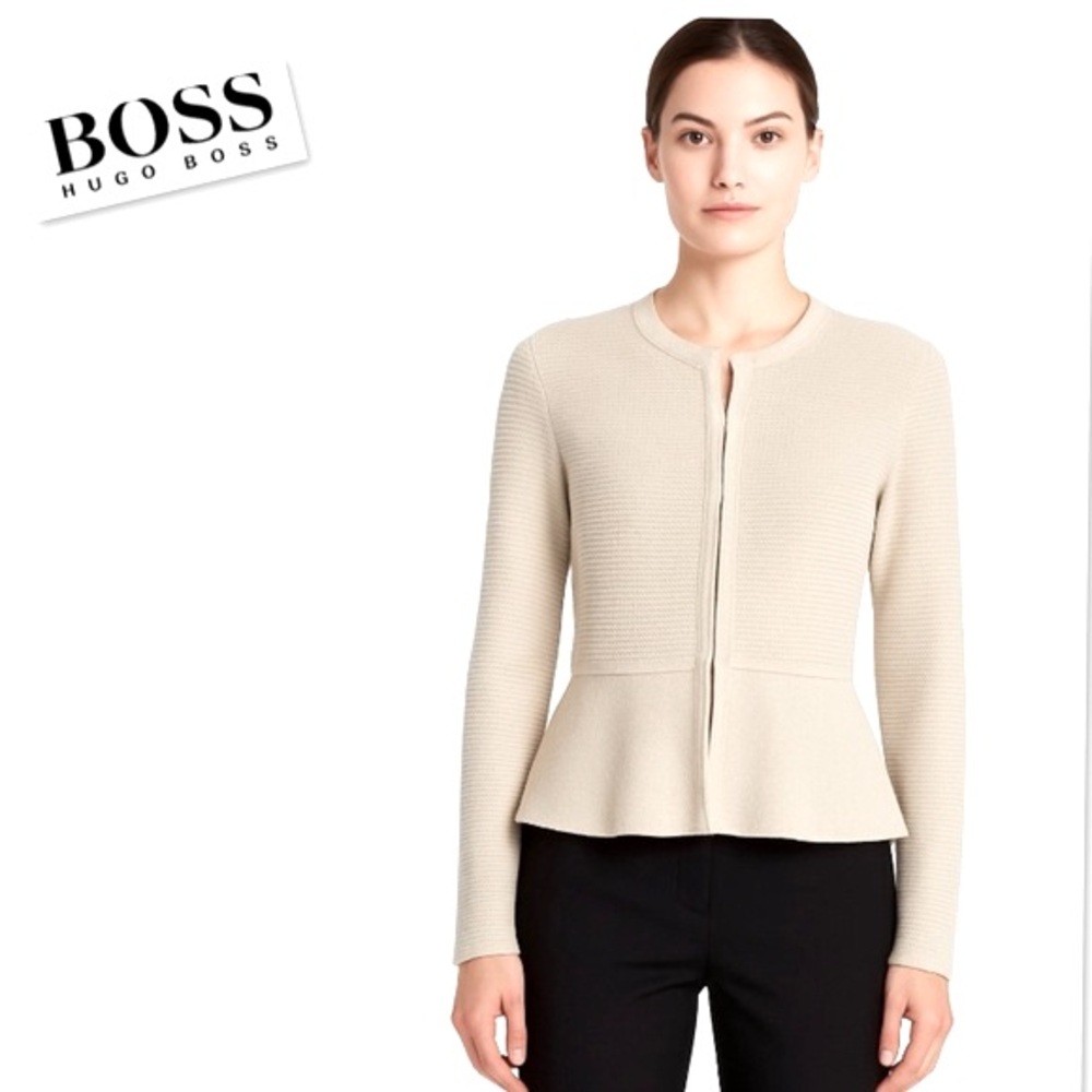 Hugo Boss Fadra Merino Super Fine Peplum Cardigan Sweater In Gray Pearl Size S